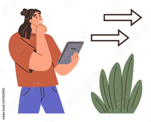 Young woman holding tablet, thoughtfully contemplating two directional arrows beside a plant. Ideal for decision-making, analysis, direction, choice, strategy, growth self-reflection. Simple flat