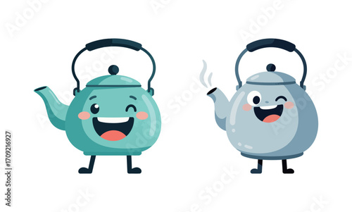 Cheerful cartoon teapots, one winking and another steaming, both with happy smiling faces and legs.