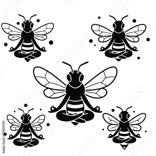 Black and white illustration of five bees meditating in a lotus position with wings spread.