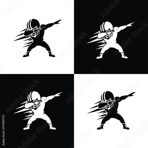 Four-panel image of a football player dabbing in black and white.