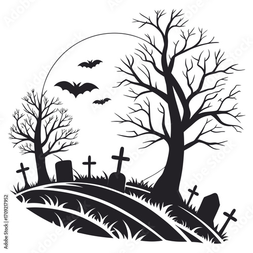 Spooky graveyard with bats for halloween