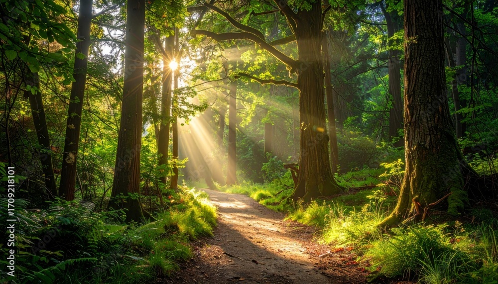 Obraz premium Misty morning light filters through a forest path, illuminating the green foliage