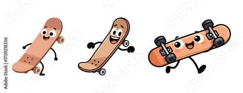 Three cartoon skateboard characters in various running poses, with cheerful and happy expressions.