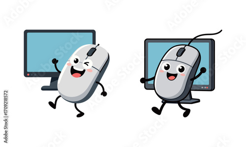 Two cute cartoon computer mouse characters, winking and waving next to a monitor screen.