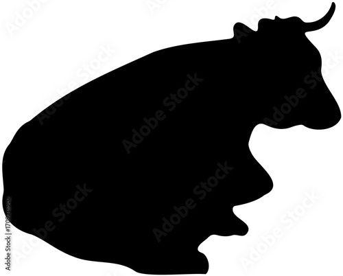 Cow silhouette lying down side view, farm animal livestock vector illustration, black outline bovine resting, simple rural agriculture design, dairy cattle graphic art
