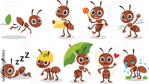 Cute cartoon ants in various expressive poses, holding objects and showing emotions, including sleeping, working, and playing