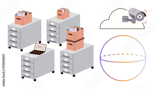 Office file cabinets with documents, laptop on desk drawer, cloud security camera, and privacy icon. Ideal for data safety, cybersecurity, cloud storage, documentation, office organization privacy