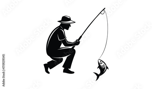 Silhouette of a fisherman in a hat catching a fish on a fishing rod