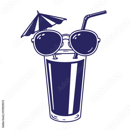 Illustration of a refreshing summer cocktail wearing sunglasses and a decorative umbrella