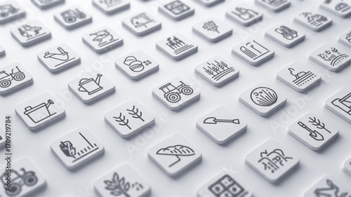 Agriculture and farming icons set vector illustration showing tractor crops and tools for a modern farm design