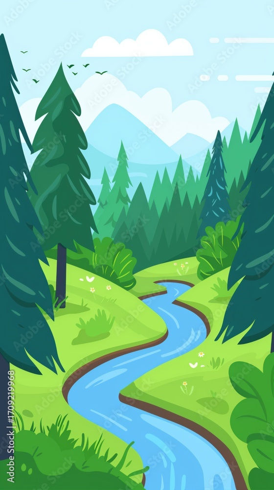 Fototapeta premium Scenic view of a winding river surrounded by trees and mountains in a bright landscape illustration.