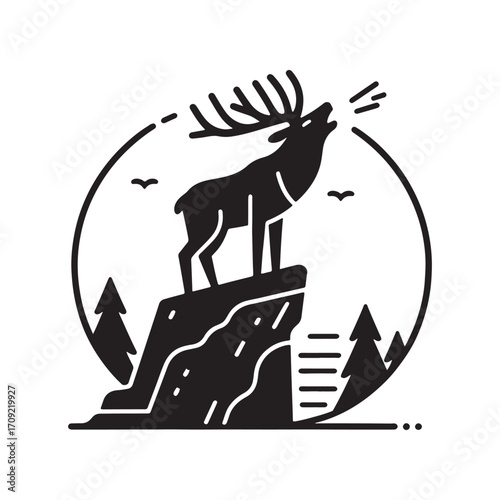 Vector art of silhouette of a stag roaring on a cliff with trees and birds
