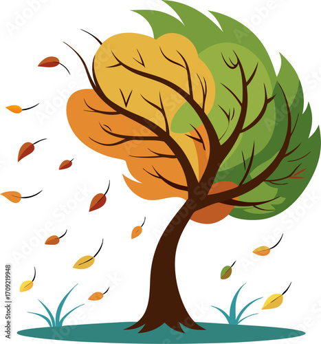 A tree losing its leaves in the wind.