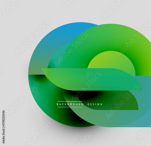 Abstract design features layered green, blue shapes. Modern composition creates dynamic visual effect. Minimalist style, clean presentation.
