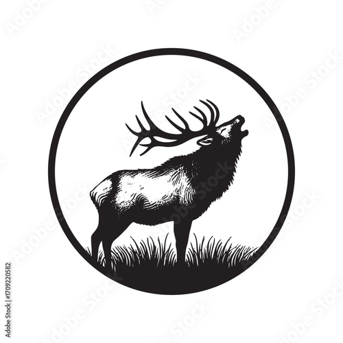 Vector art of black and white illustration of a stag with large antlers in a circle