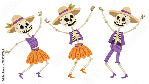 Three cartoon skeletons dressed in colorful outfits dancing on a transparent background cheerfully