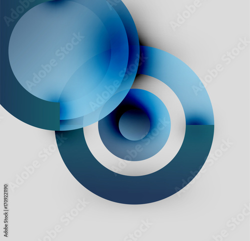 Abstract composition featuring overlapping blue circles. Gradient shades create depth, minimalist design, modern aesthetic.