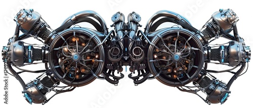 Intricate steampunk engine design with polished metal and glowing blue accents against white