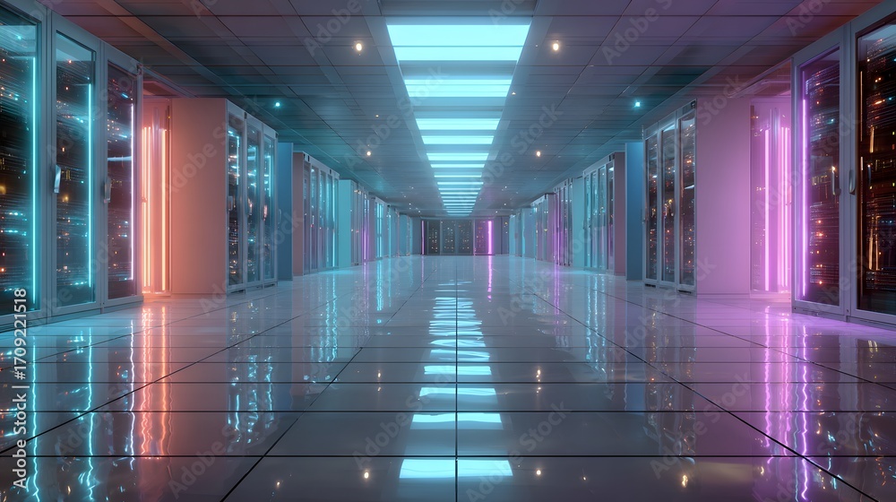 Fototapeta premium Futuristic Data Center with Neon Lights and Reflective Floors
