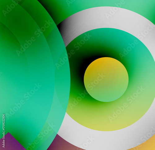 Abstract circles overlap, creating vibrant gradients. Green, yellow, white hues dominate composition. Minimalist design, modern aesthetic.