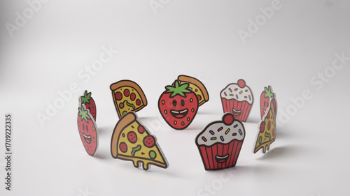 Cartoon food illustration featuring pizza slices strawberries and cupcakes in a circle design concept