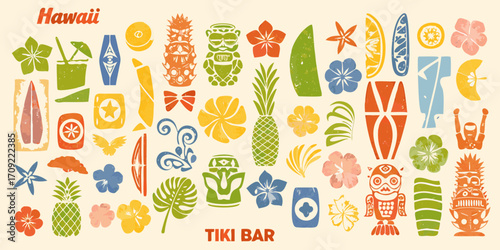 Vibrant hawaiian tiki bar illustration with tropical elements and polynesian art