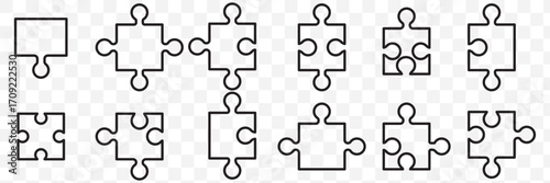 puzzle pieces icons set in different shapes. Puzzles game piece collection line style