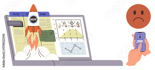 Rocket launching from laptop with MVP badge, task board, and charts alongside a sad user accessing a locked smartphone. Ideal for productivity, innovation, technology, project planning, challenges