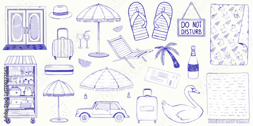 Collection of hand drawn summer vacation travel and leisure items in a playful doodle style