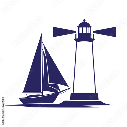 Silhouette illustration of lighthouse and sailboat representing nautical coastal themes