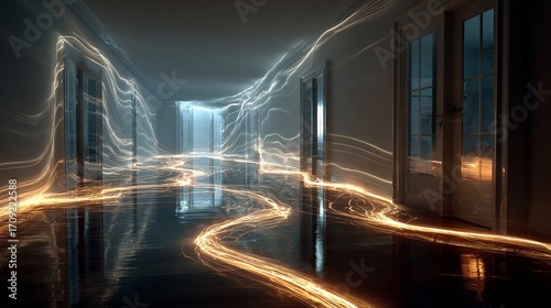Time-lapse-inspired image showing trails of light moving through hallway, symbolizing data packets flowing invisibly across smart home network powered by central internet node