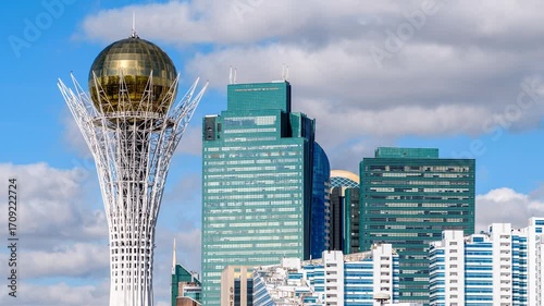 Time lapse of clouds over the Astana skyline with the iconic Baiterek Tower