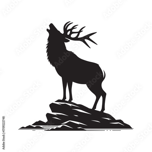Vector art of silhouette of a roaring stag standing on a rock