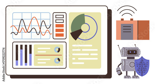 Data dashboard with graphs, analytics, pie chart, and robot holding shield. wireless signals and control devices. Ideal for technology, security, automation, AI data analysis IoT network