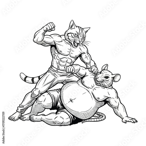 Black and white illustration of a muscular anthropomorphic cat and rat in an intense boxing or MMA-style fight. 