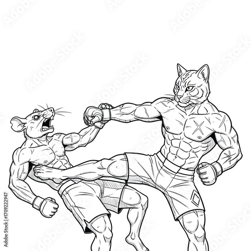 Black and white illustration of a muscular anthropomorphic cat and rat in an intense boxing or MMA-style fight. 