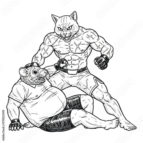 Black and white illustration of a muscular anthropomorphic cat and rat in an intense boxing or MMA-style fight. 