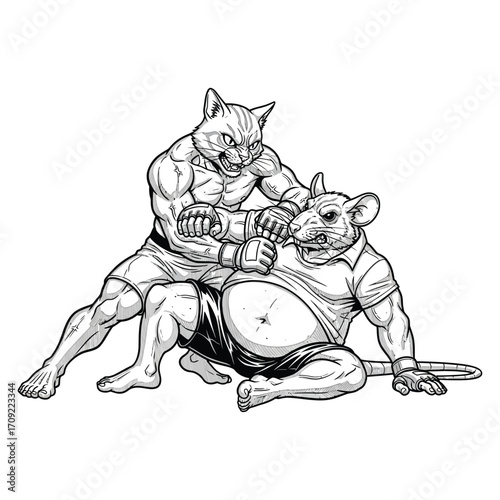 Black and white illustration of a muscular anthropomorphic cat and rat in an intense boxing or MMA-style fight. 