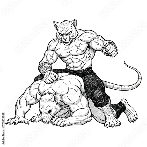 Black and white illustration of a muscular anthropomorphic cat and rat in an intense boxing or MMA-style fight. 
