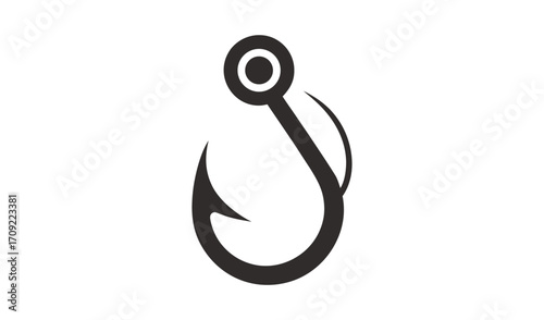 Simple black silhouette of a fishing hook on a white background