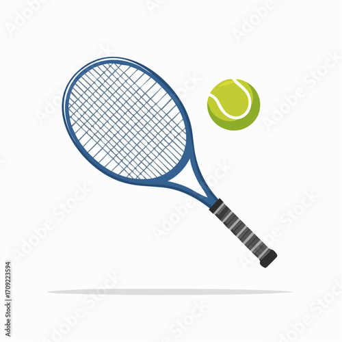 A blue tennis racket and a green tennis ball are isolated on white background.