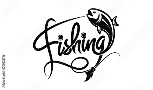 Fishing word art with a leaping fish and fishing lure design