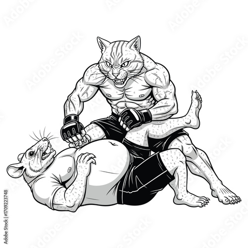 Black and white illustration of a muscular anthropomorphic cat and rat in an intense boxing or MMA-style fight. 