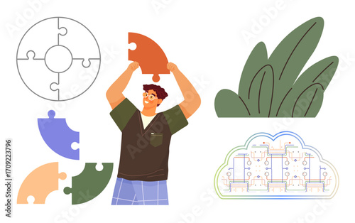 Man assembling colorful puzzle pieces, leaves symbolizing growth, and a cloud with circuits representing technology. Ideal for teamwork, innovation, problem-solving, ecology, sustainability