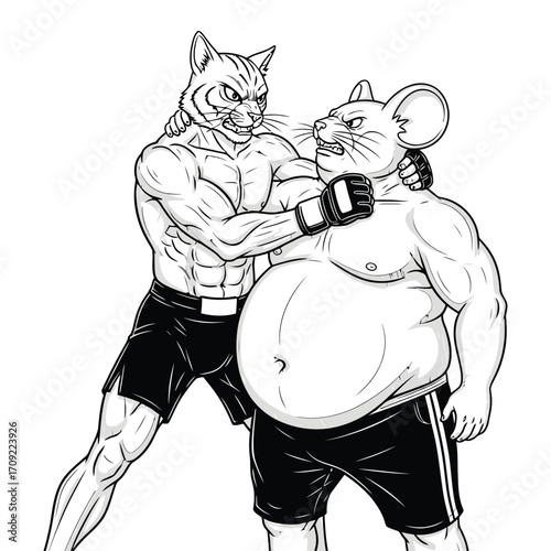 Black and white illustration of a muscular anthropomorphic cat and rat in an intense boxing or MMA-style fight. 