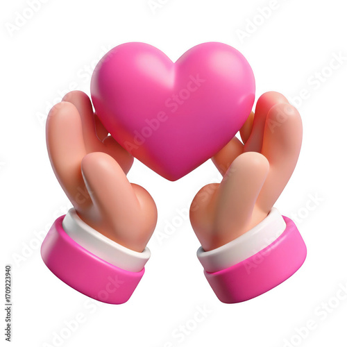 Gentle hands offering a pink heart symbol of love and care isolated on transparent background