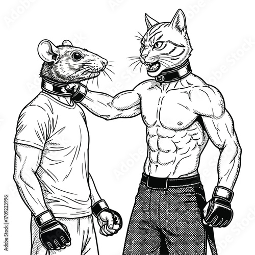 Black and white illustration of a muscular anthropomorphic cat and rat in an intense boxing or MMA-style fight. 