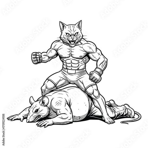 Black and white illustration of a muscular anthropomorphic cat and rat in an intense boxing or MMA-style fight. 