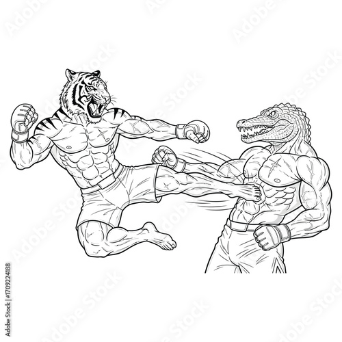 Black and white illustration of an intense martial arts battle between two anthropomorphic fighters — one with a tiger head and one with a crocodile head — both with muscular human bodies.