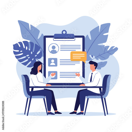 Two people are sitting at a table and interviewing each other.